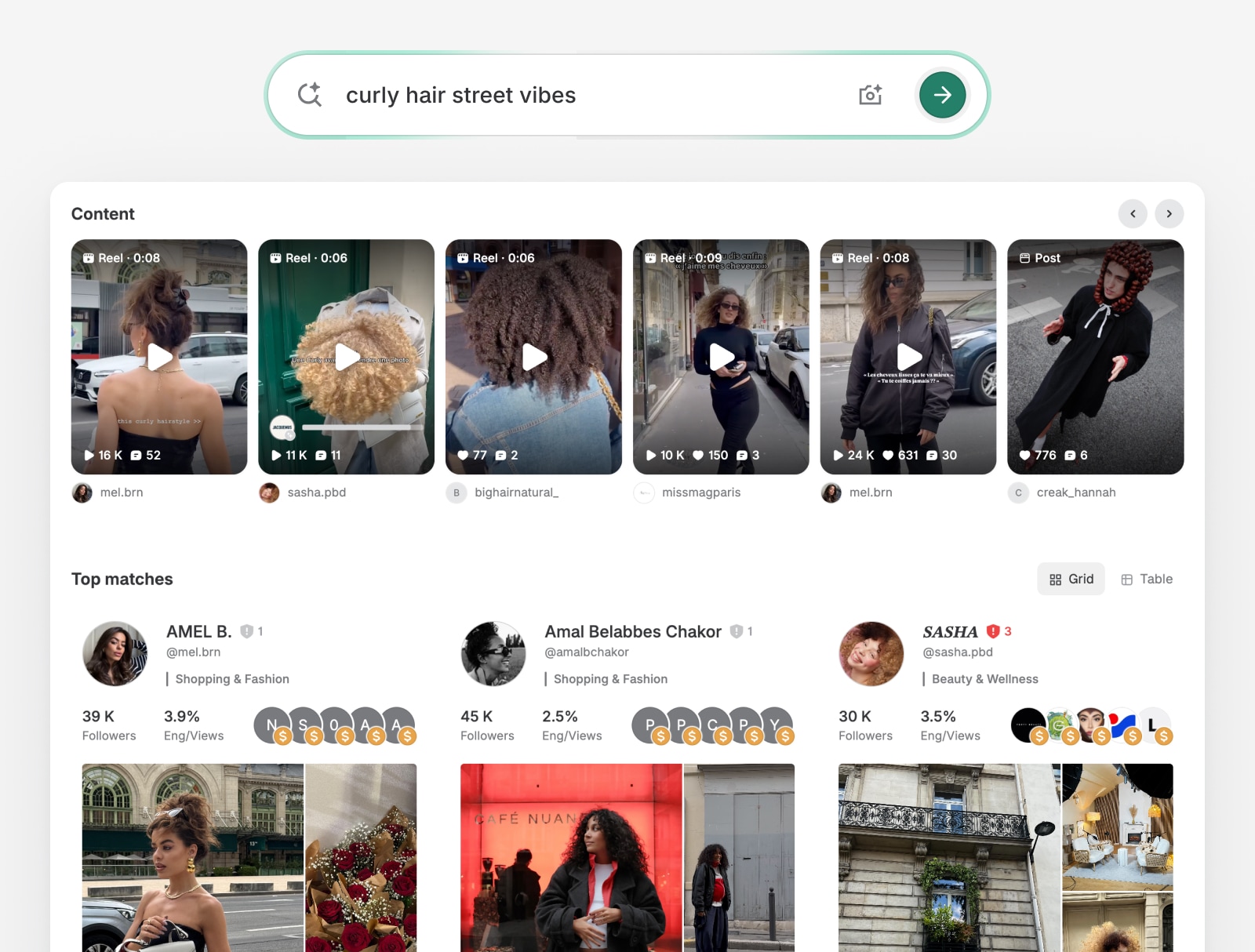 A search for "curly hair street vibes" returning matching reels and the creators behind them.
